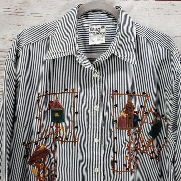 That's The Way To Go Women's Striped Embroidered Button Front Top XL - Picture 2 of 12